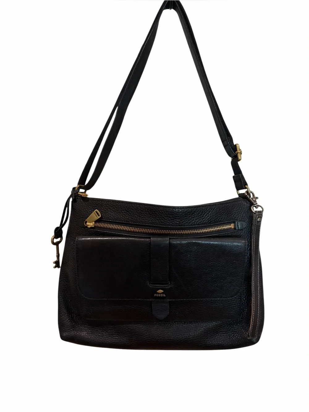 Fossil Kinley black pebbled leather crossbody bag multi pockets